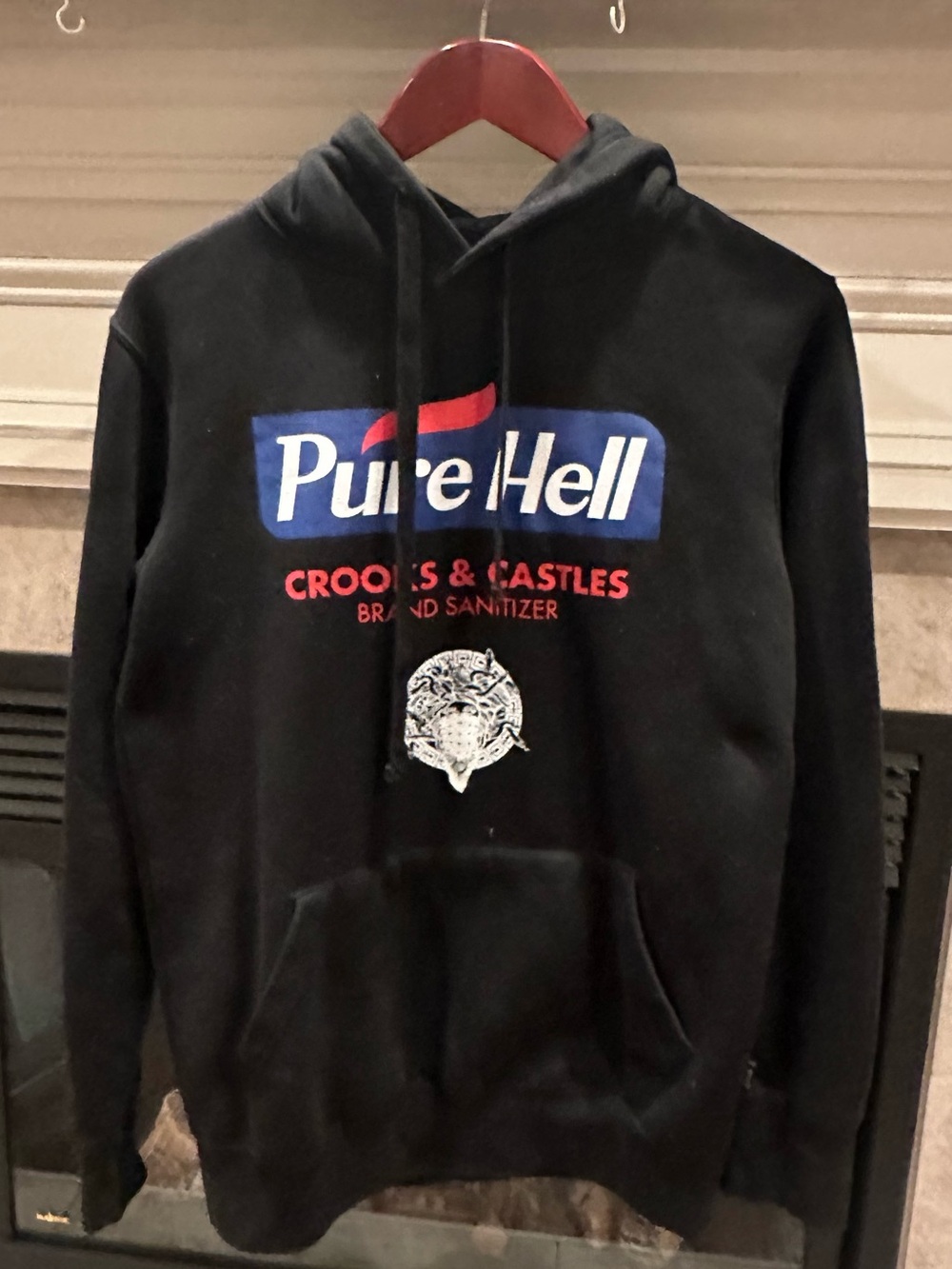 Crooks & Castles Black 'Pure Hell' Logo Pullover Hoodie with Red & Blue Accents